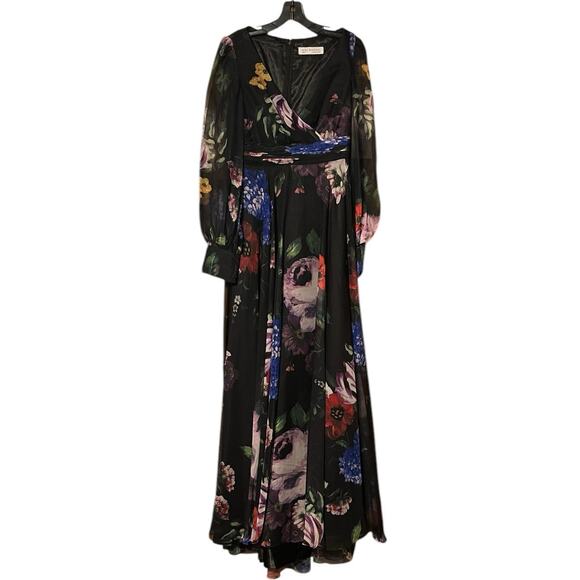 Mac Duggal NEW Sz 6 67872 Black Floral Chiffon Bishop Sleeve Floral Print Dress - Picture 4 of 9